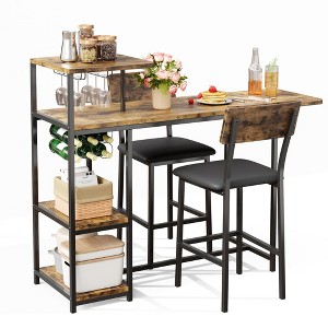 Dining Table Set for 2, 3-Piece Expandable Bar Table and Chairs Set, with Storage Shelves and Wine Rack,Brown - 1 of 4