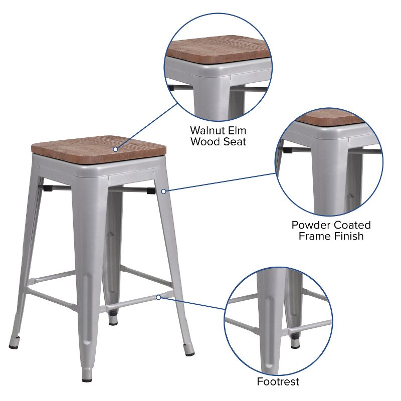 Flash Furniture 24" High Backless Metal Counter Height Stool with Square Wood Seat, 5 of 13