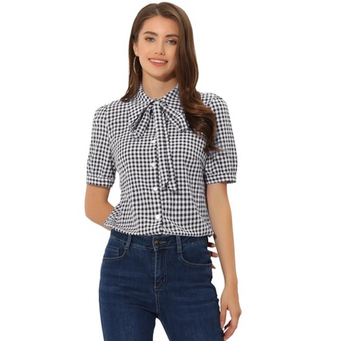 Allegra K Women's Plaid Blouse Bow Tie Neck Puff Short Sleeve