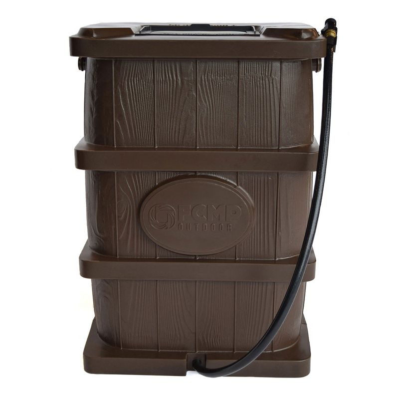FCMP Outdoor WG4000 45 Gallon Wood Grain Outdoor Home Rain Water Catcher Barrel Flat Back Container with Spigots and Mesh Screen, Brown, 1 of 8
