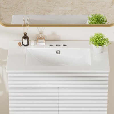 White Ceramic 30" Vanity Top Bathroom Sink with Three Holes