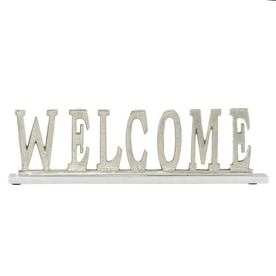 22" x 6" Aluminum Welcome Sign on Light Marble Base Silver - Olivia & May