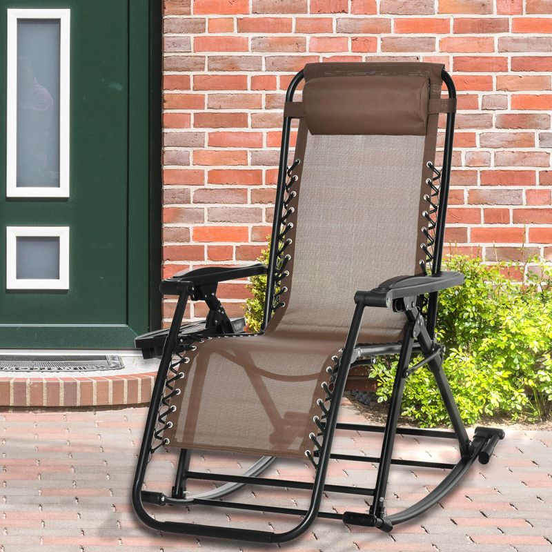 Outsunny Outdoor Rocking Chairs, Foldable Reclining Zero Gravity Lounge Rocker w/ Pillow, Cup & Phone Holder, Combo Design w/ Folding Legs, Brown, 2 of 7