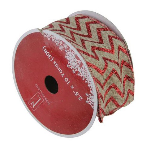 Northlight Red And Beige Chevron Wired Christmas Craft Ribbon 2.5