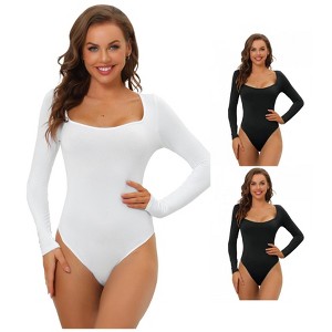 Allegra K Women's Long Sleeve Slim Fit Stretchy Square Neck Leotard Jumpsuit 3 Packs - 1 of 4