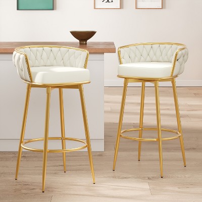 32"H Swivel Counter Bar Stools Set of 2 with Hand-Woven Backrest and Gold Metal Legs, Low Back Upholstered Kitchen Chairs with Footrest-Merax