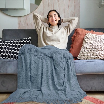 Dusty Blue Knitted Fleece Throw Blanket with Fringe