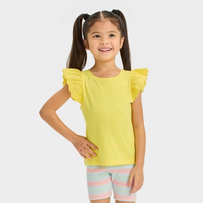 Image of Toddler Girls' Eyelet Top - Cat & Jack™ Yellow 18M: Ruffle Sleeves, Soft Jersey, Crewneck, Pullover