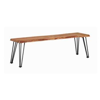 Wooden Dining Bench with Live Edge Details and Metal Legs Brown - Benzara