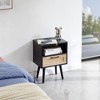 15.75" Rattan End table with Power Outlet & USB Ports , Modern nightstand with drawer and solid wood legs, side table for living room, bedroom,black - 2 of 4