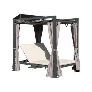DOMETOUR Aluminum Outdoor Daybed with Retractable Canopy, Double Chaise Lounge, Grey Curtain, Beige Cushion & Cup Holder for Patio/Garden - 1 of 4