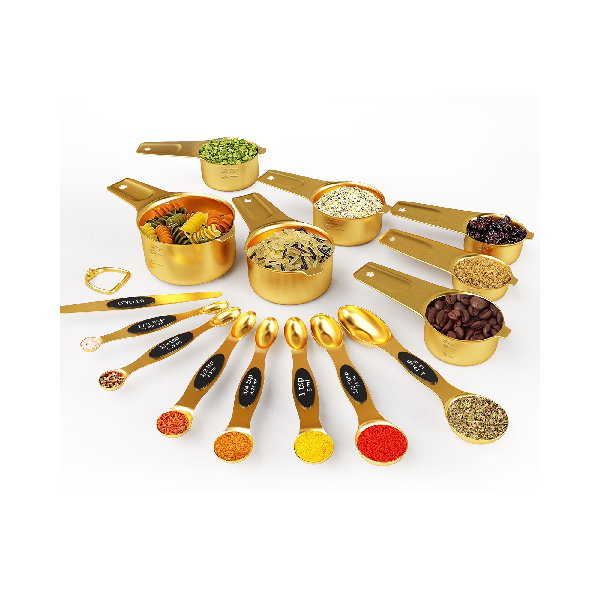 SUGIFT 15 Piece Gold Measuring Cups and Spoons Set Magnetic Nesting Dual Sided Design 18/8 Stainless Steel with Leveler for Dry and Liquid