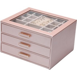 3-Layer Jewelry Box with Glass Lid, PU Leather Storage Organizer for Rings, Necklaces, Earrings, Bracelets, Gift for Women - 1 of 4