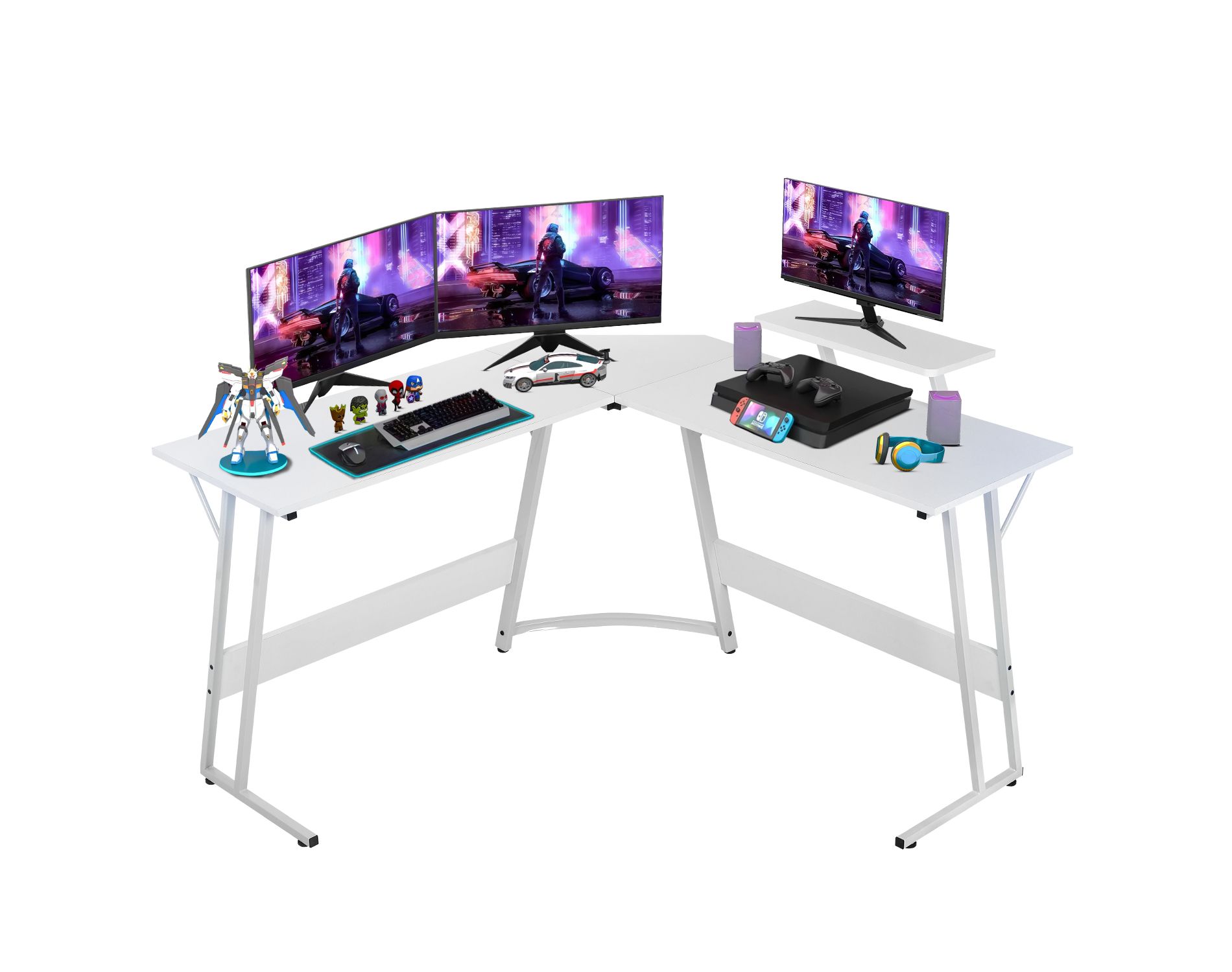 BestMassage 50 Inch L-Shaped Gaming Desk Computer Desk Office Desk with Large Monitor Stand Corner PC Gaming Desk for Home Office, White