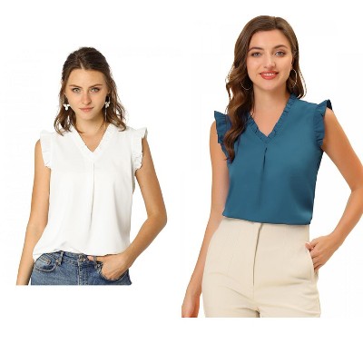 Allegra K Women's Ruffled Sleeveless Work Business Vintage Blouses 2 Packs