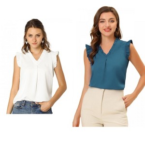 Allegra K Women's Ruffled Sleeveless Work Business Vintage Blouses 2 Packs - 1 of 4