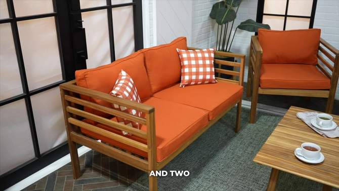 Thom 4-Piece Mid-Century Modern Acacia Wood Outdoor Patio Set with Cushions and Plaid Decorative Pillows - JONATHAN Y, 2 of 8, play video