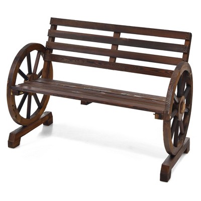 Costway Outdoor Wooden Wagon Wheel Garden Bench 2-Person Slatted Seat Armrests Rustic