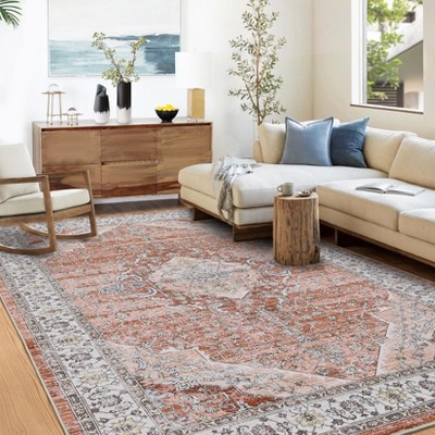 Washable 9x12 Rug, Boho Vintage Rug Non Slip Large Rug for Living Room Foldable Low Pile Floor Cover Stain Resistant Indoor Carpet for Bedroom Office
