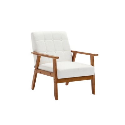 Runesay Beige Mid-Century Modern Accent Chair, with Solid Wood Armrest and Feet, for Living Room, Bedroom and Studio
