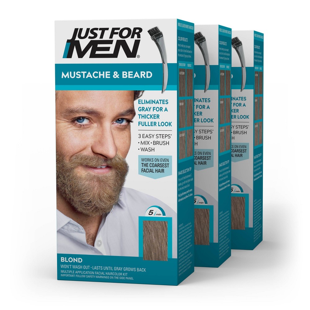 Just For Men Mustache & Beard, Beard Coloring for Gray Hair with Brush Included - Color: Blond, M-10/15 (Pack of 3)