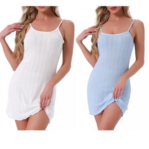 INSPIRE CHIC Women's 2 Pcs Spaghetti Strap Sleeveless Ruffle Hem Pointelle Mini Sleep Shirt - 1 of 4