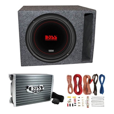 Boss Chaos Exxtreme CXX104DVC 10-Inch 1000W 4 Ohm Subwoofer, QSBASS10-VENTED Vented Enclosure Box, AR1500M Monoblock Amplifier, and 8 Gauge Wiring Kit