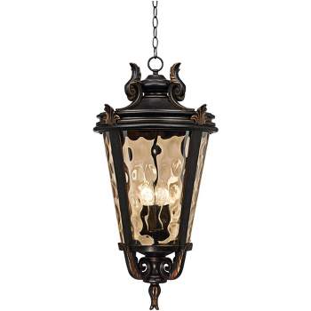 John Timberland Casa Marseille Vintage Rustic Outdoor Hanging Light Veranda Bronze 30" Champagne Hammered Glass Damp Rated for Post Exterior Barn
