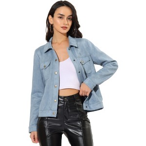 INSPIRE CHIC Women's Turn-Down Collar Flap Pockets Snap Button Faux Suede Jacket - 1 of 4