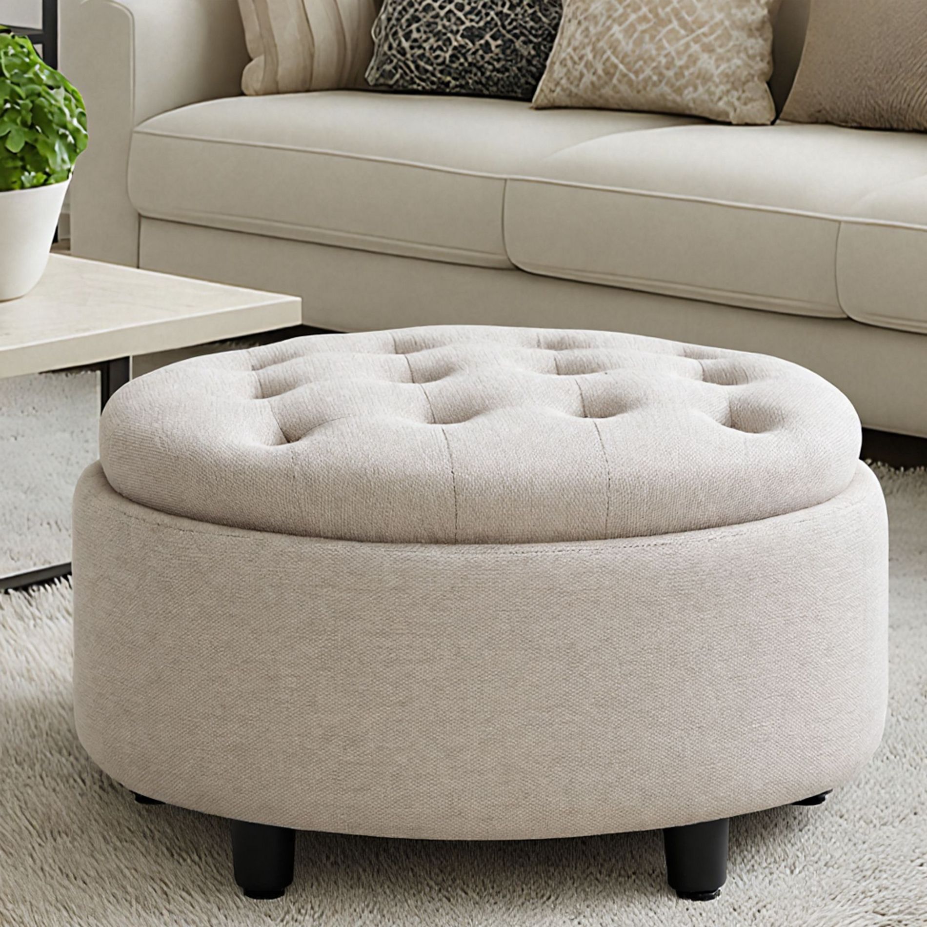 Ora Maison Round Fabric Storage Ottoman with Reversible Tray Lid – 3-in-1 Footrest, Hidden Storage, Small Coffee Table, Beige