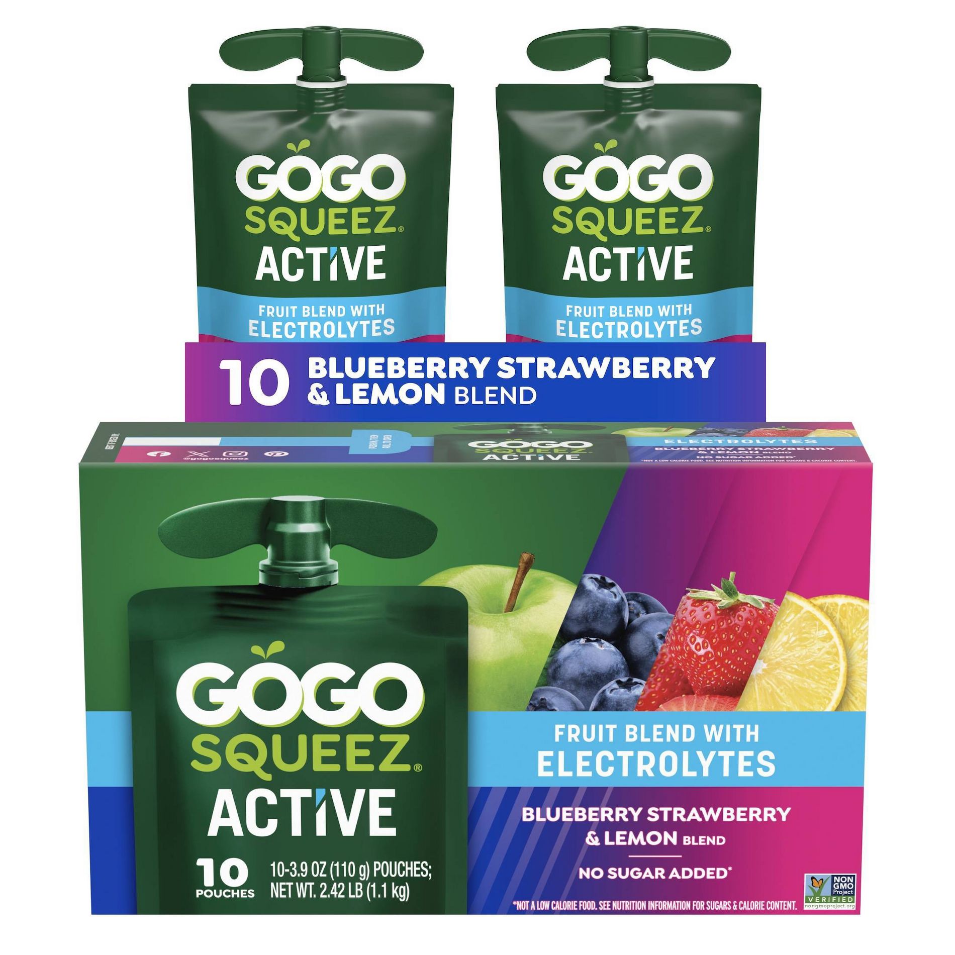 GoGo SqueeZ Active Fruit Blend with Electrolytes Variety Pack Blueberry Strawberry & Lemon Fruit Pouches - 3.9oz/10ct