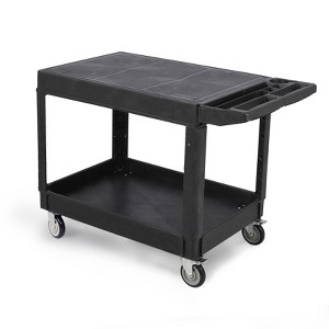 Large Heavy Duty Plastic Utility Service Cart Flat top 45.8 x 25 Inch, 2 Tier Service Cart with 360°Swivel Wheels (2 with Brakes) Black - 1 of 4
