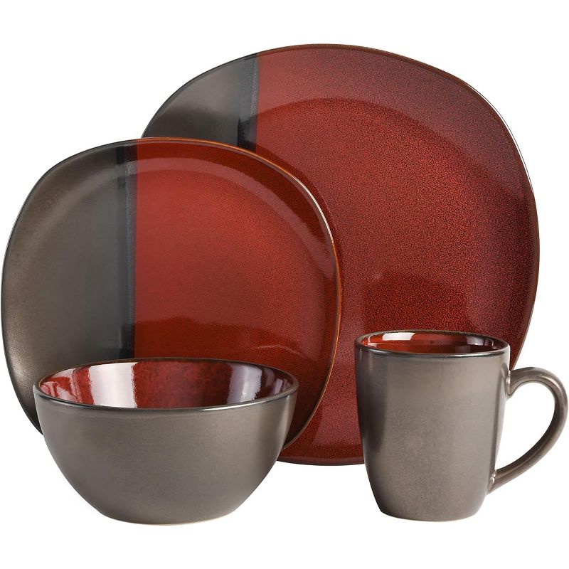 Gibson Elite Volterra 16 Piece Soft Square Stoneware Dinnerware Set in Red and Metallic Gray, 2 of 7