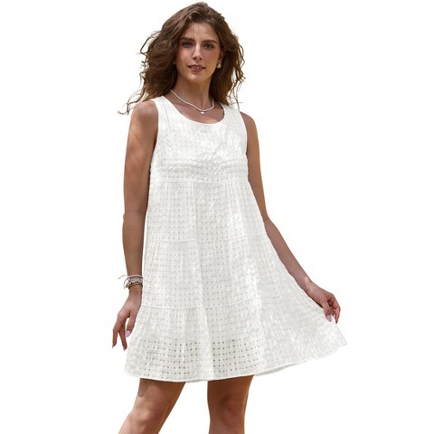 Женские платья INSPIRE CHIC Women's Gingham Mesh Sleeveless Scoop Neck Lined Swing Tiered A-Line Mini Dresses Large White