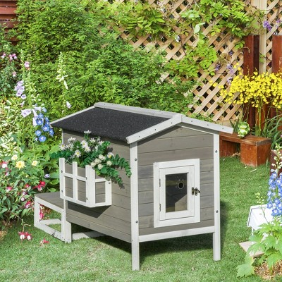 Large Dark Gray and White Wooden Outdoor Cat House with Porch