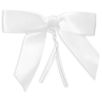 Juvale 100-Pack Twist Tie Bows for Crafts, Pre-Tied Satin Ribbon for Gift Wrap Bags, Party Favors, 2.5x3 in, White