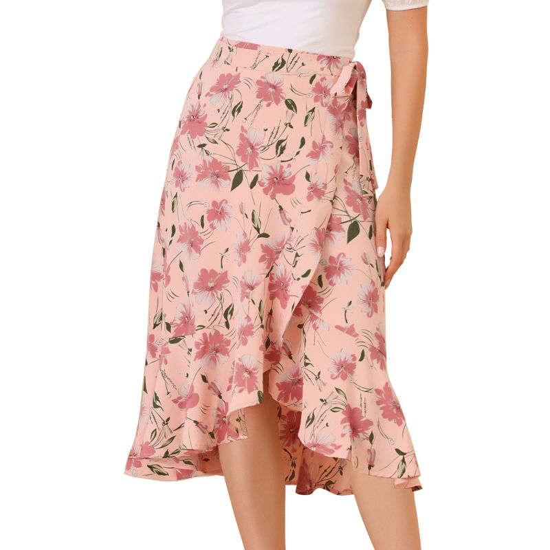 Allegra K Women's Floral Asymmetrical Ruffle Tie Waist Midi Wrap Skirts, 1 of 7