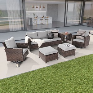 Sonkuki 6-Piece Patio Conversation Set with Swivel Rocking Chair and Side Table, Navy Blue Cushion - 1 of 4