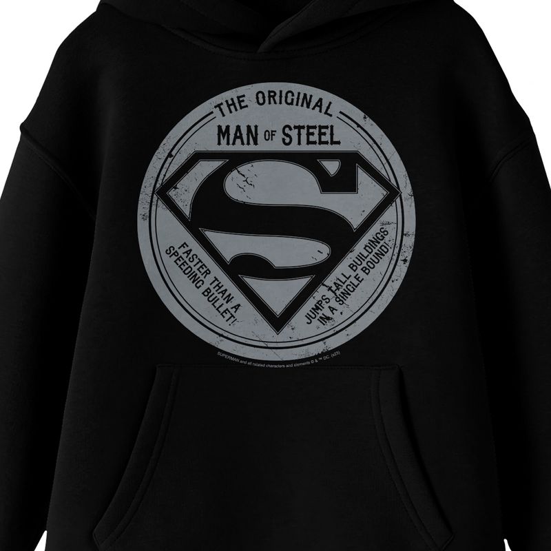 Superman The Original Man Of Steel Long Sleeve Black Youth Hooded Sweatshirt, 2 of 4
