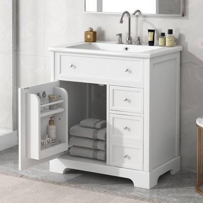 Okak Modern Sleek 30" Bathroom Vanity with Ceramic Sink Combo, Freestanding Single Vanity with 2 Drawer & Door, Bathroom Storage Cabinet