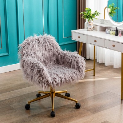 Modern Faux Fur Home Office Chair, Swivel Fluffy Vanity Chair, Gray ...