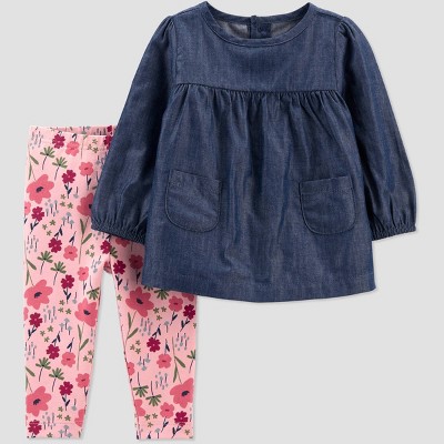 Image of Baby Girls' Floral Chambray Top & Bottom Set - Just One You® made by carter's Pink/Blue 3M