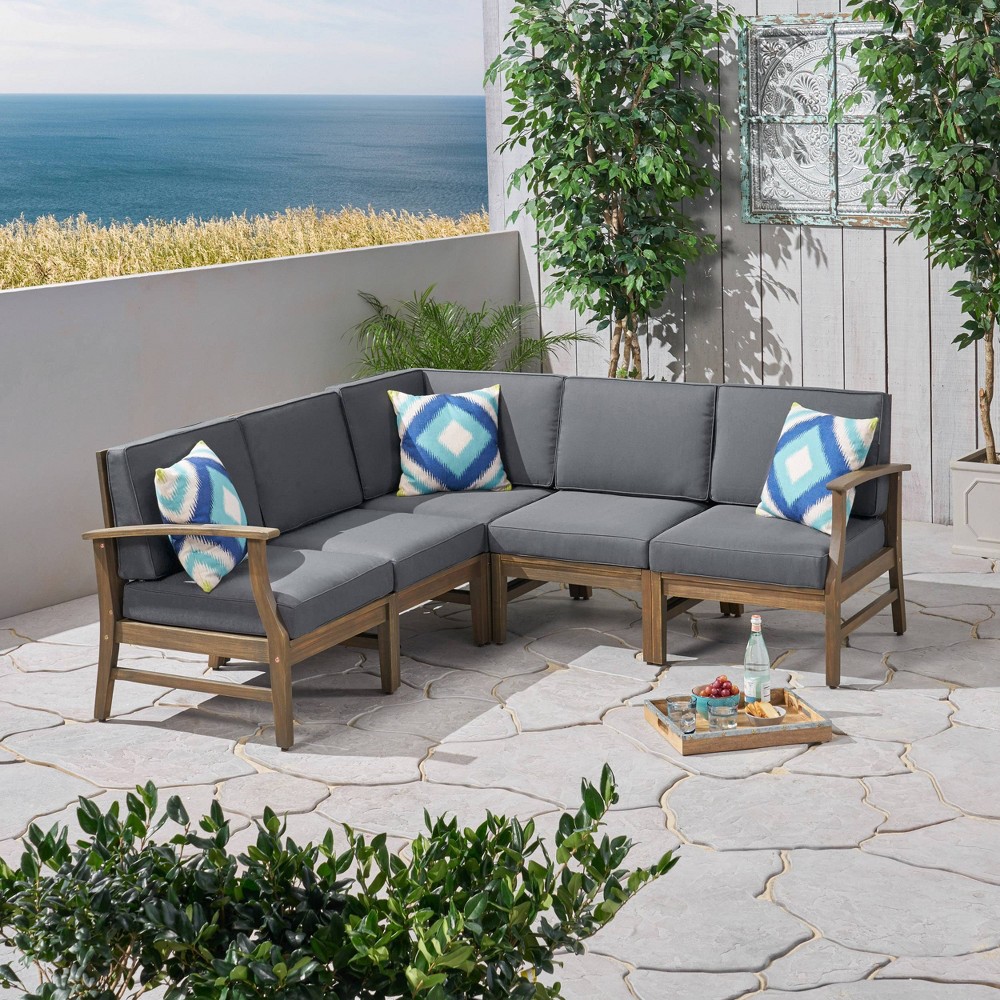Perla 5pc Acacia Wood Sectional Sofa Set Gray/Dark Gray – Christopher Knight Home  – Patio and Outdoor​