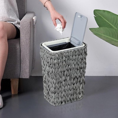 Vynxaria Bathroom Small Trash Can with Lid, 2.6 Gallon Rattan Garbage Can with Press Top, Slim Wicker Wastebasket for Kitchen, Office,Living Room,Gray