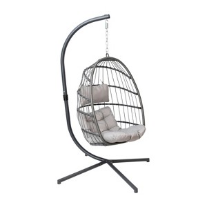 Emma and Oliver Awen Foldable Hanging Egg Chair with Woven Finish, Removable Cushions, and Included Stand for Indoor and Outdoor Use - 1 of 4