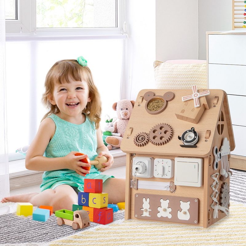 Costway Wooden Busy House Montessori Toy with Sensory Games & Interior Storage Space, 3 of 11