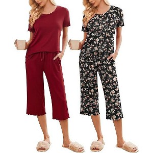 Ekouaer 2 Pack: Women's Pajamas Set Short Sleeve Sleepwear Capri Pants Pjs Soft Loungewear with Pockets - 1 of 2