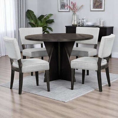 5-Piece Round Dining Set for 4, Retro Kitchen Table with Upholstered Chairs, Distressed Wood Finish and Trestle Base for Dining Room or kitchen