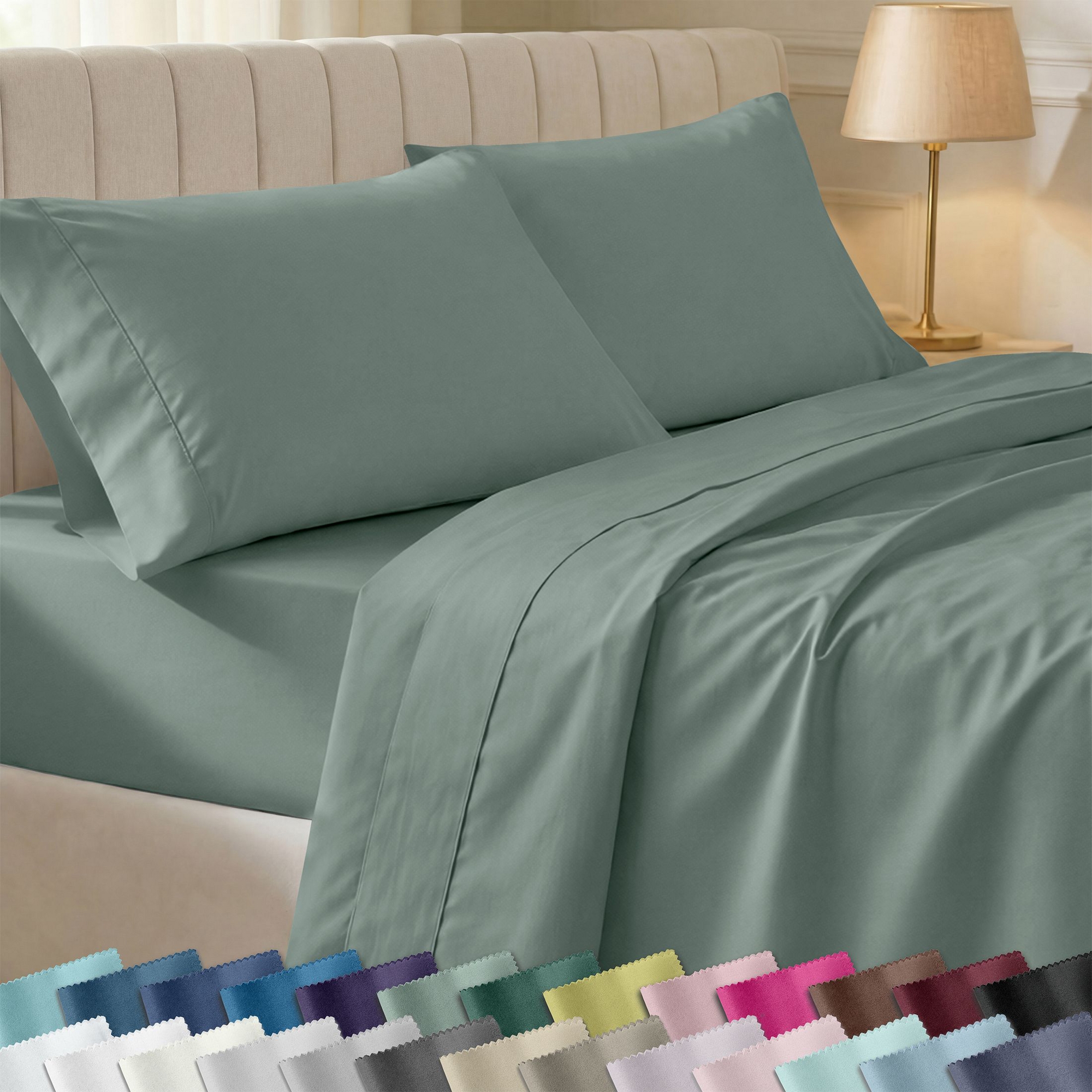Sage Green Queen Sheet Set - 100% Cotton Bed Sheets, 400 Thread Count Sateen Weave, Deep Pocket 4 Piece Bedding - California Design Den
