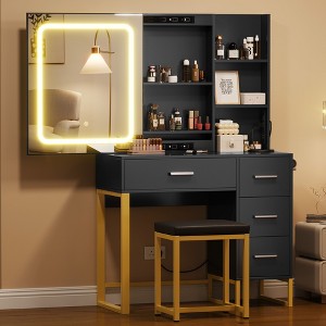 Vanity Desk, Makeup Vanity Desk with Mirror and Lights, Power Outlets, Vanity Table with Cushioned Chair - 1 of 4